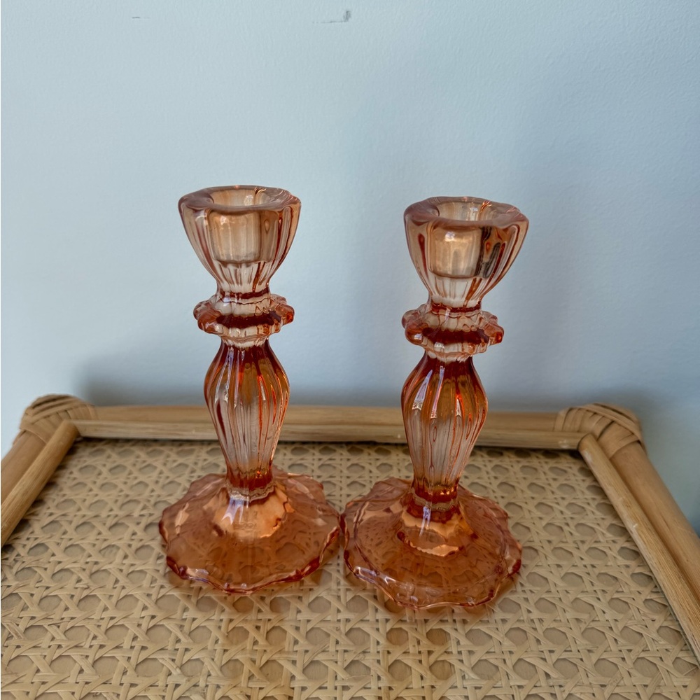 Orange/Pink Geometric Glass Candle Holders with Pedestal Base (2)